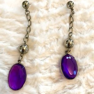 Silver & Purple Gem Long Earrings